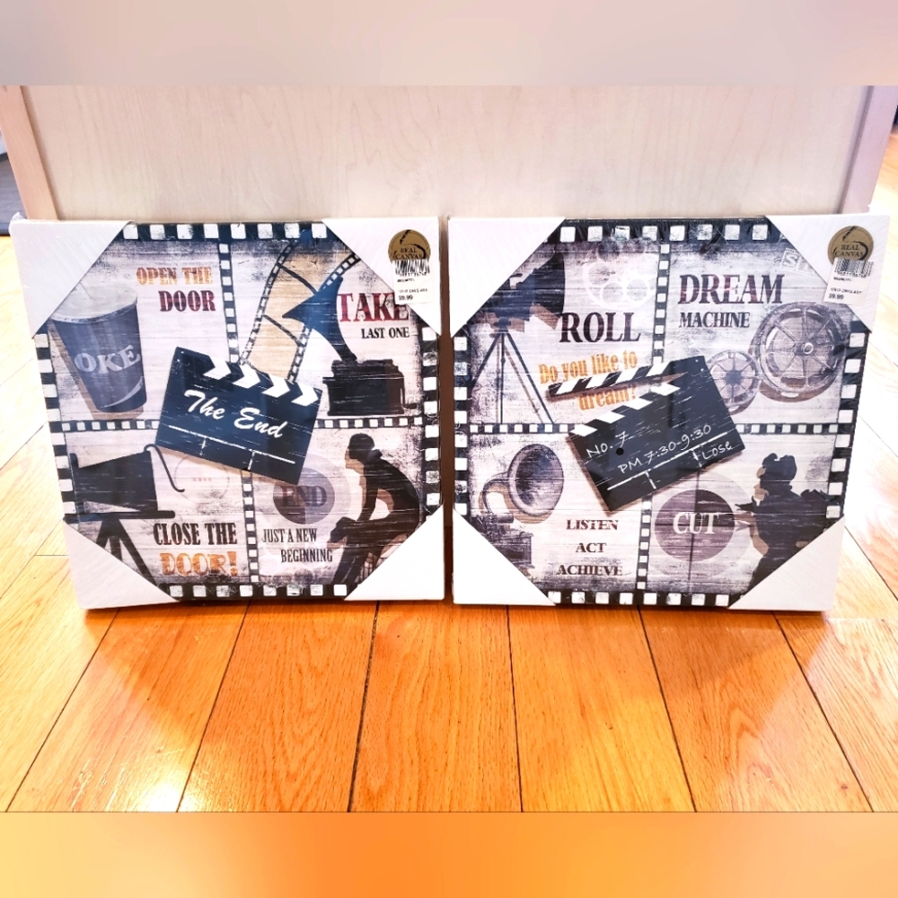 New, set of 2 movie theater canvas art 12 x 12, wrapped in plastic.
